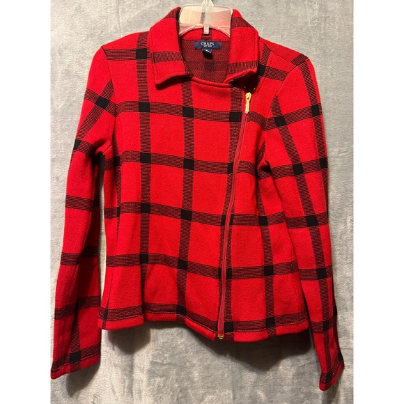 Chaps Red Black Plaid Moto Jacket Women's M Full Zip Cotton Blend - Picture 1 of 8